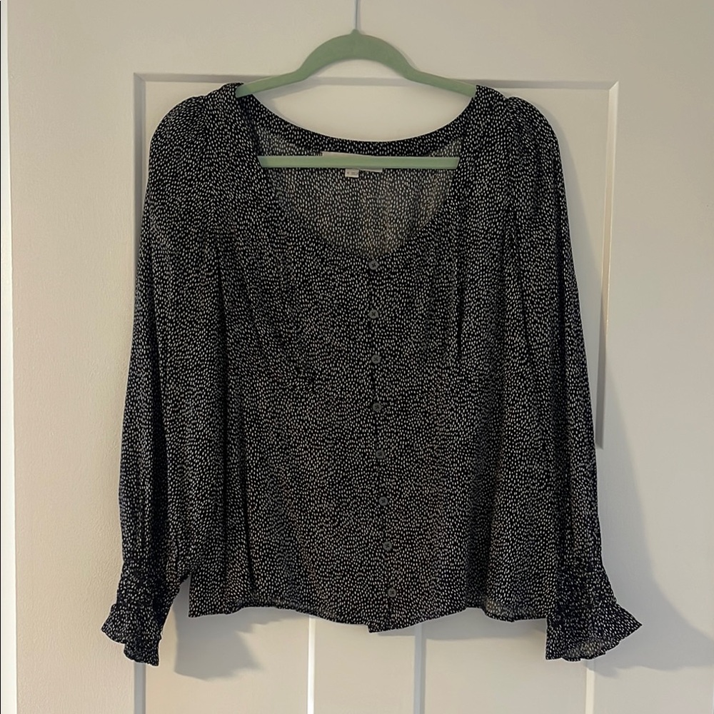 LOFT Black Ruffled Blouse with Balloon Sleeves